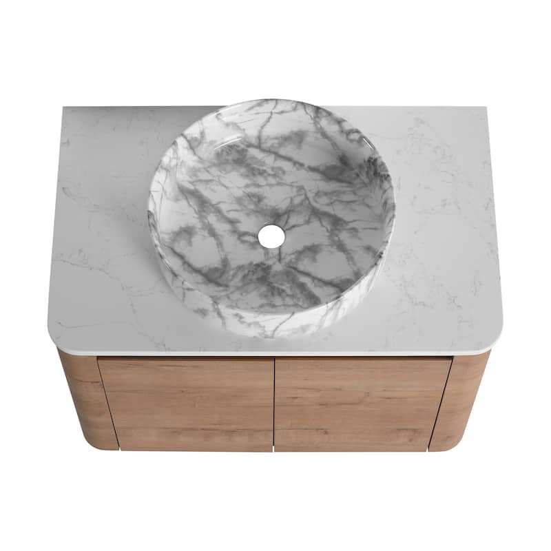 30'' Wall-Mounted Bathroom Vanity With Ceramic Art Sink & 2-Soft-Close Door, KD-Packing, Plywood