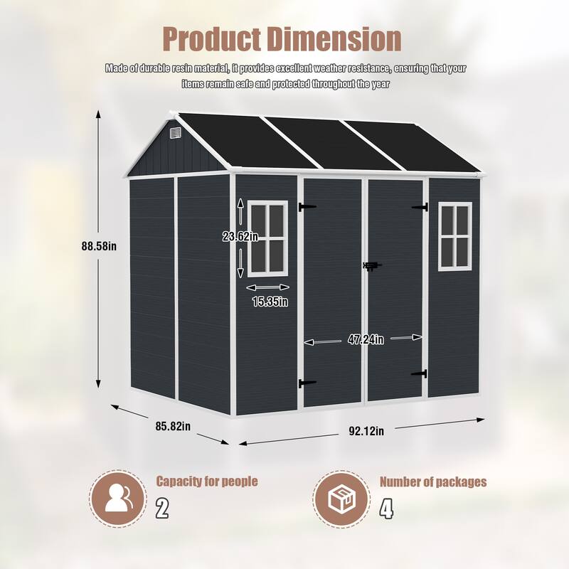 8*7ft Outdoor Storage Shed, Outdoor Resin Shed with Two-Window and Double-Door, Plastic Shed with Floor for Garden, Yard, Lawn