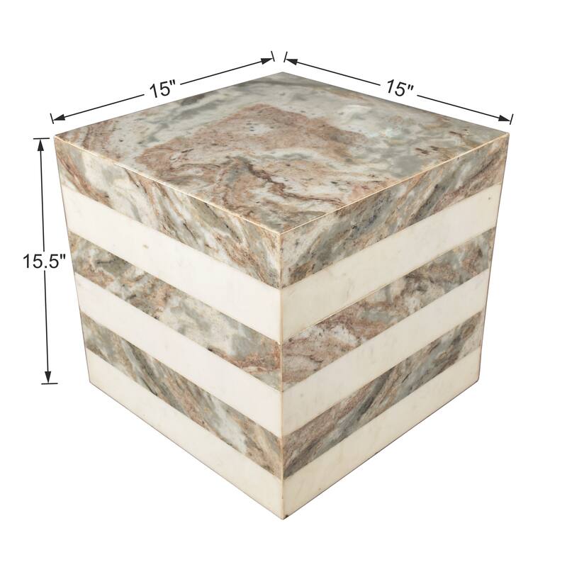 Evelyn 15" Contemporary Natural Marble Handmade Cube End Table, Gray/Beige, by JONATHAN Y.