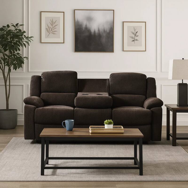 Fabric Wrapped Motion Sofa with Drop Down Table, Brown