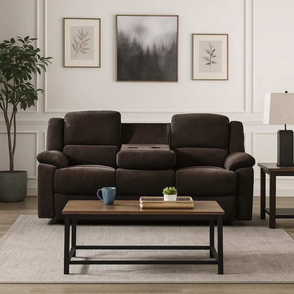 Fabric Wrapped Motion Sofa with Drop Down Table, Brown