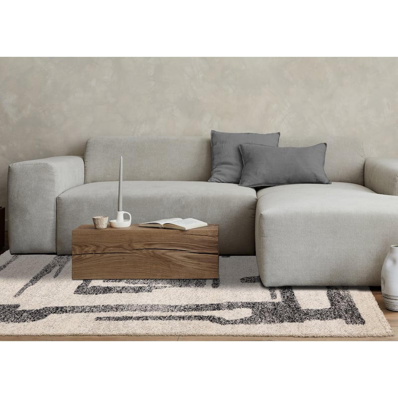 Maverick Collection - Distressed Lines White Black Plush Area Rug