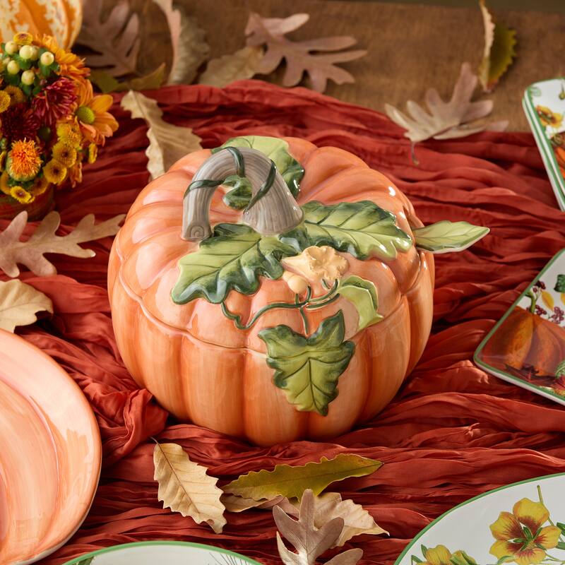 Certified International Harvest Fields 3-D Pumpkin Set of 2 Covered Soup Bowl - 5.88"W x 5.88"D x 4.63"H