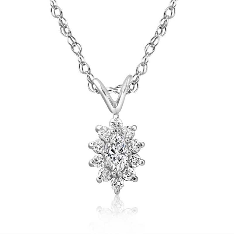 1/2CT Marquise Halo Pave Diamond Solitaire Pendant White Gold
