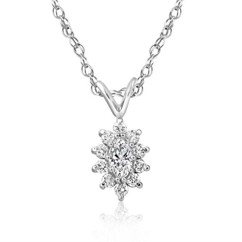Bliss Diamond 1/2CT Marquise Halo Pave Diamond Solitaire Pendant White Gold - White - 18 Inch