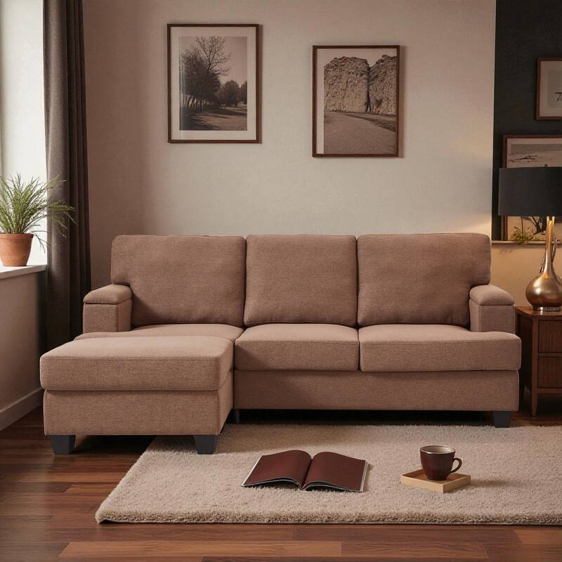 86" L-Shaped Sectional Sofa with Armrest Storage, Movable Ottoman, Thick Cushions, Linen Upholstery for Living Room - Brown