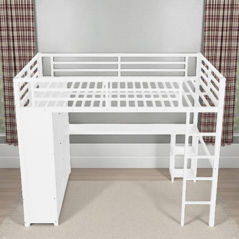 Workstation Metal Loft Bed with Built-in Desk, Stairs, Shelving & Wardrobe Space - Queen Off White - Queen