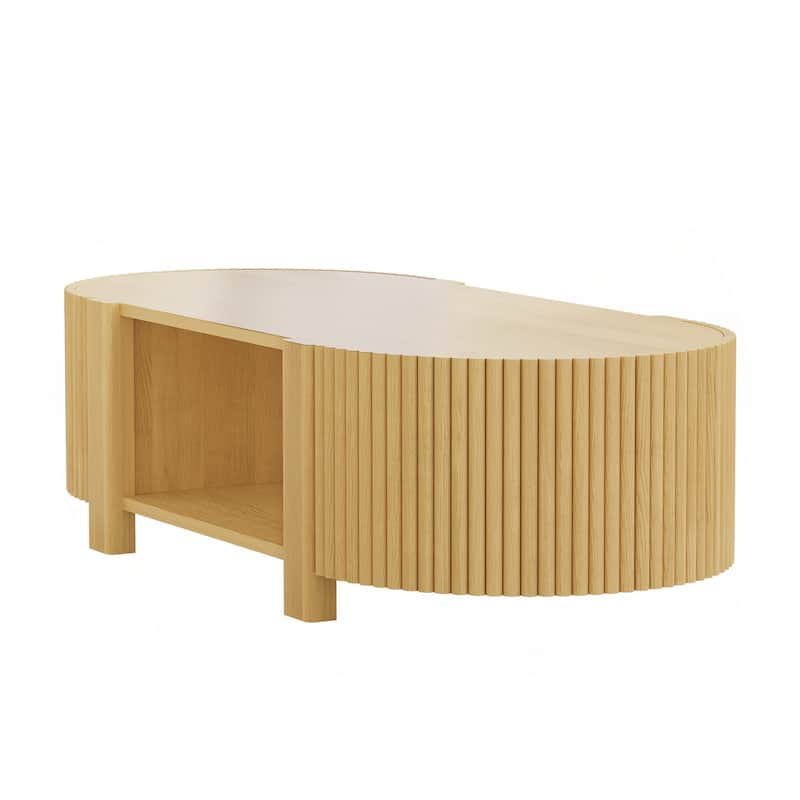 Oval Fluted Coffee Table with Storage for Living Room