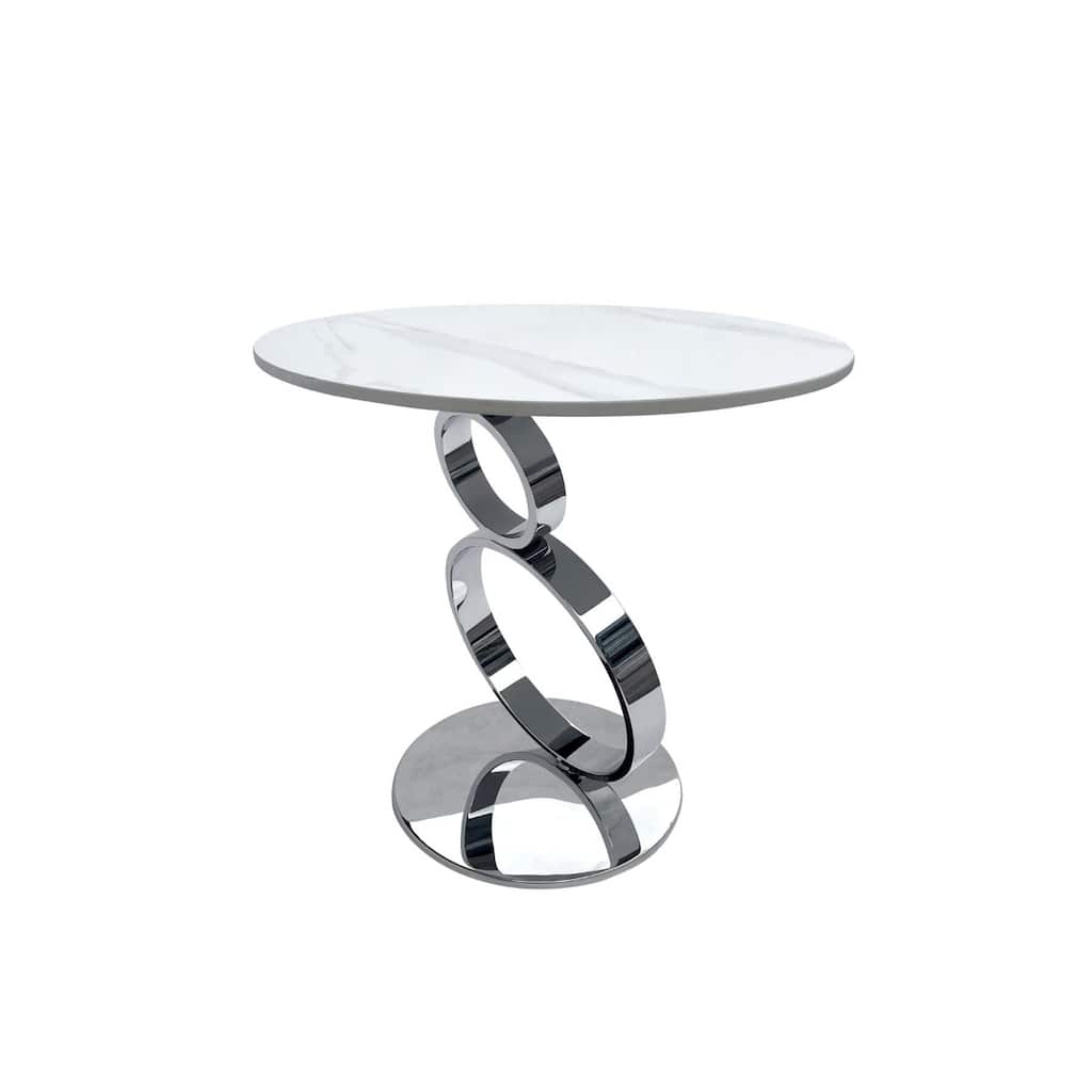 Stone Round End Table with Stainless Steel Pedestal Base - 21.6” x 21.6” x 20.9” (D x W x H)