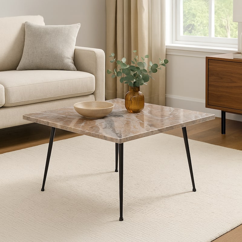 Taro Coffee Table, 24 Inch Square Taupe Brown Real Marble Top, Black Metal Legs