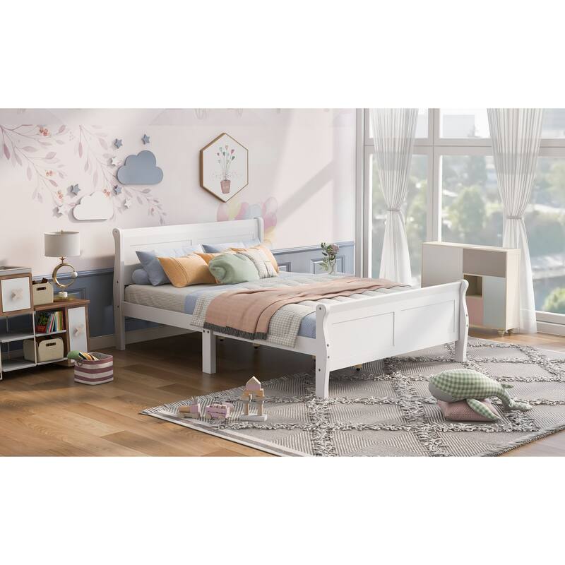 White Queen Size Wooden Platform Bed with Headboard and Slat Support.