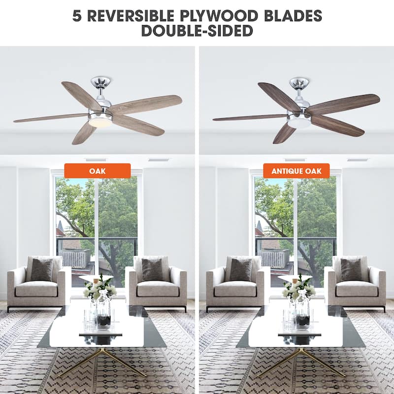 52" Classic Wooden 5-Blade Chrome Ceiling Fan with Light