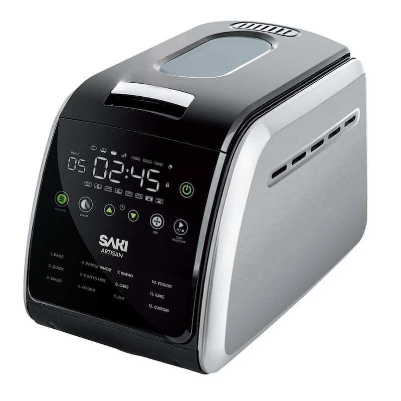 Saki Bread Maker with Non-stick Ceramic Bread Pan, Stainless Steel, 12-in-1 Programmable - 3lb - Black/Silver