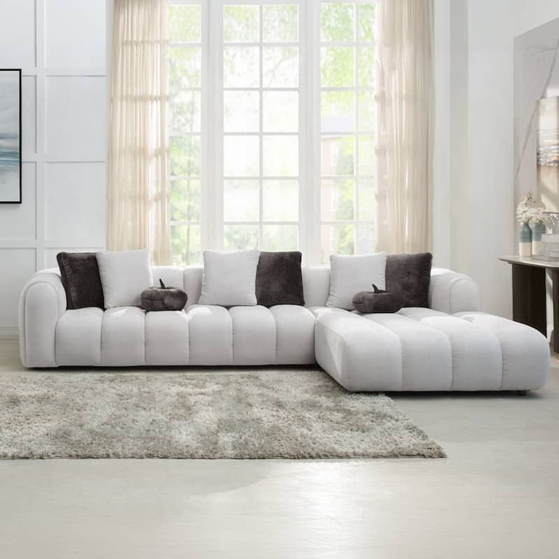 Linen Upholstered Sectional Sofa with 8 Pillows in Ivory White