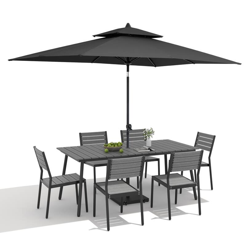9-Piece Outdoor Patio Dining Set Aluminum Table and 8 Stackable Chairs w/ 10 FT Umbrella with Base