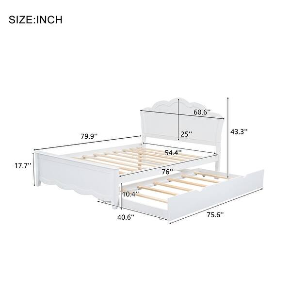 White Full Size Platform Bed wFlower Shape Headboard for Kids Teens, Wood Bed Frame wTrundle, Slat Support, No Box Spring Need