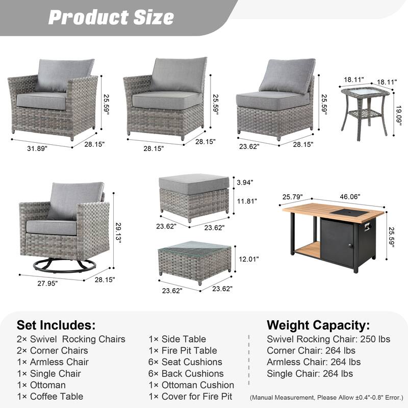 HOOOWOOO 10-piece Outdoor Grey Wicker Patio Furniture Set with Fire Pit Table