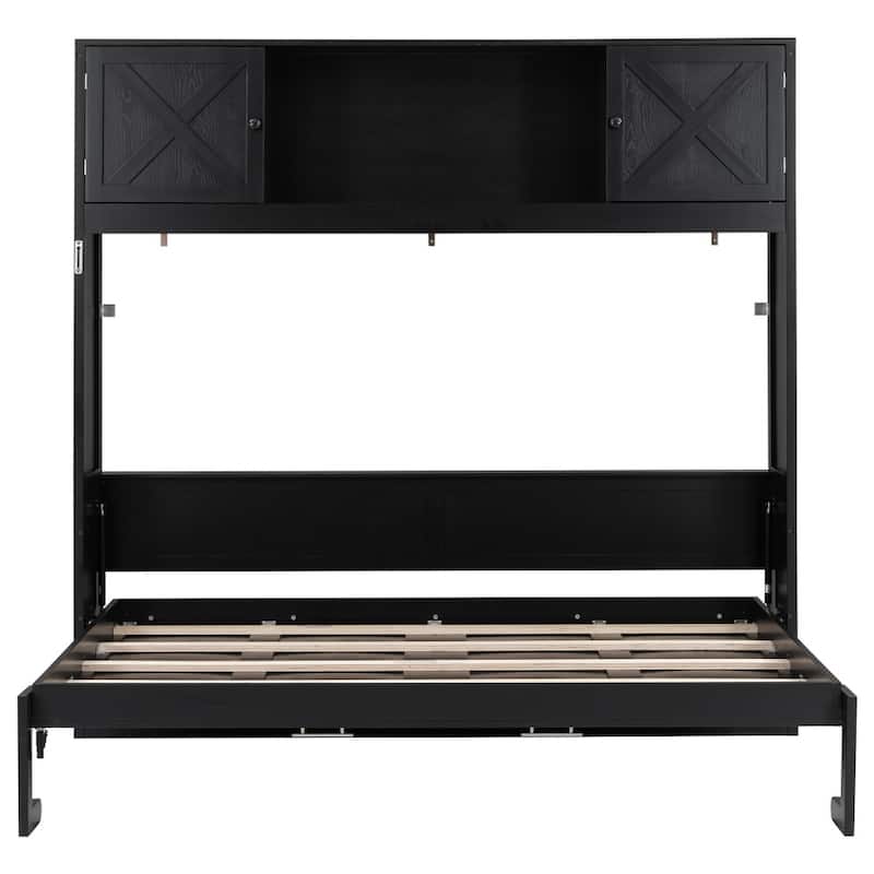 Rustic Full Size Murphy Bed Foldable Wall Bed with Top Storage Cabinets