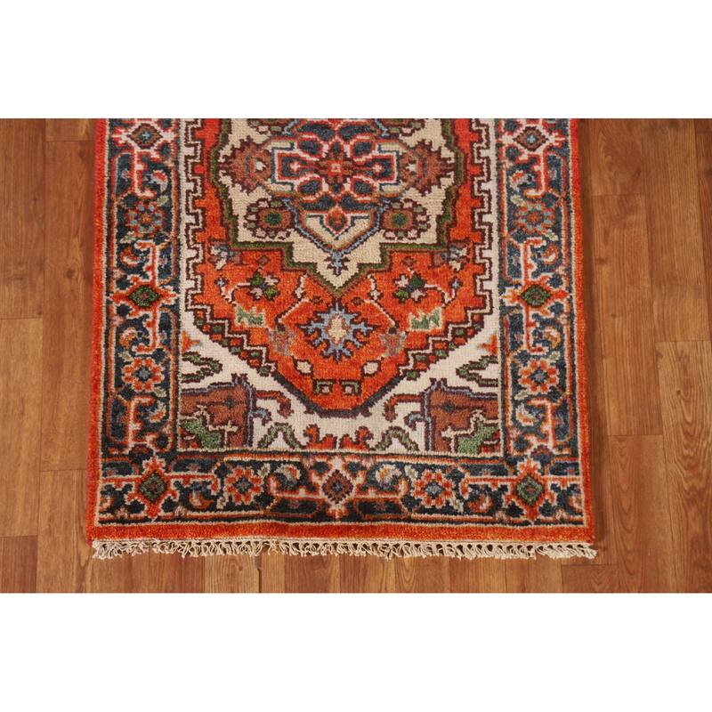 Geometric Heriz Indian Runner Rug Hand-knotted Wool Carpet - 2'7"x 8'0"