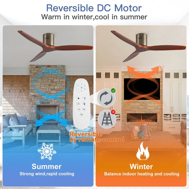 52In. Farmhouse Indoor Flush Mount Low Profile Ceiling Fan with Solid Wood Blades and Remote Control