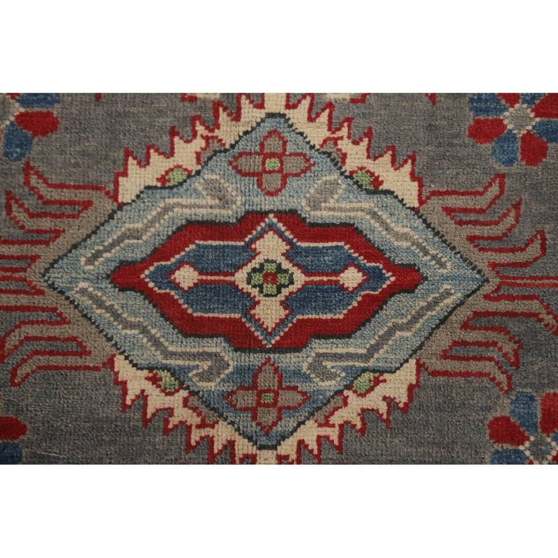 Gray Geometric Kazak Area Rug Hand-Knotted Oriental Wool Carpet - 4'11" x 6'6"