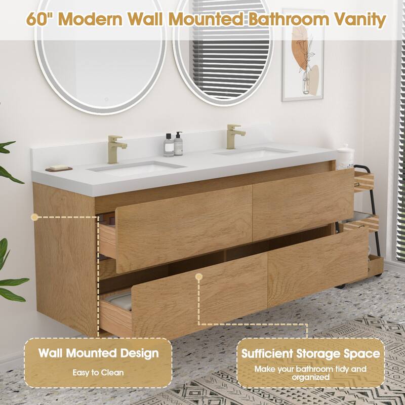 Sylphar 60 in. Toffee Oak Bath Vanity with Undermount Sink, 3 Top Options