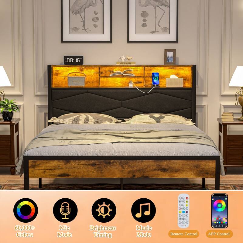 VECELO PU Leather Smart Bed Frame with RGB LED Lights and Bookcase Storage USB Outlet Charging Headboard No Box Spring