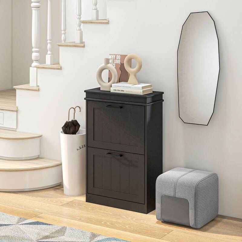 Shoe Cabinet for Entryway, Narrow Shoe Rack Storage Organizer with 2 Flip Drawers and Adjustable Shelves for 10 Pairs of Shoes