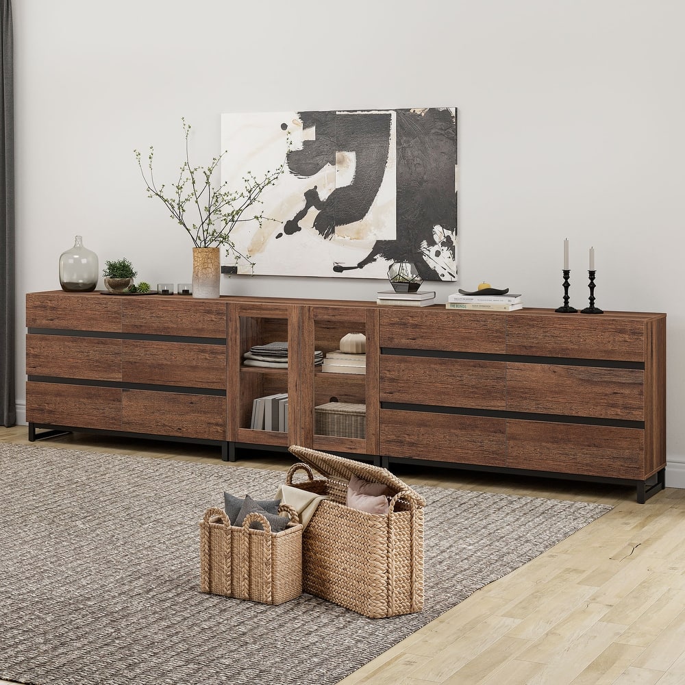 WAMPAT Modern Sideboard with Adjustable Shelves and Drawer, 3 in 1 Storage Cabinet with Glass Doors for Living Room, Kitchen