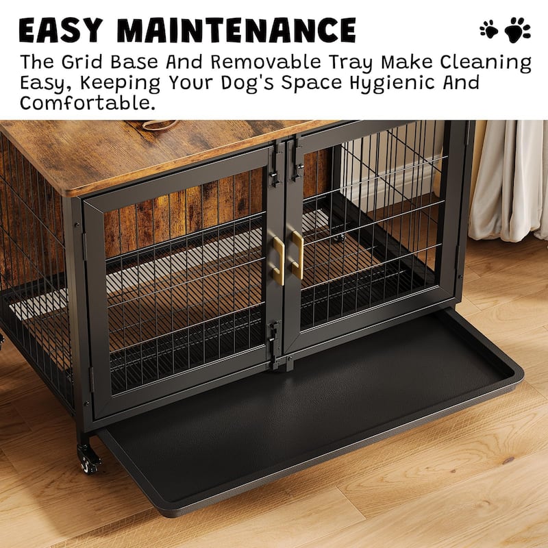 Wooden Dog Crate Furniture with Wheels, Pull-Out Tray, Dual Doors