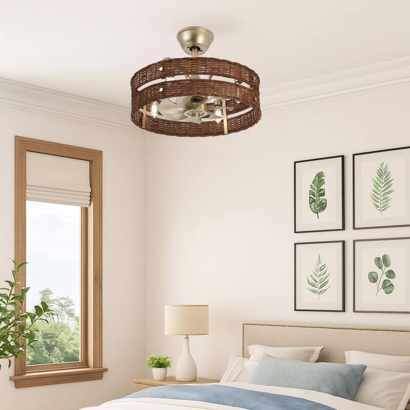 18.5" Boho Rattan Caged Ceiling Fan with Light Kit and Remote Control