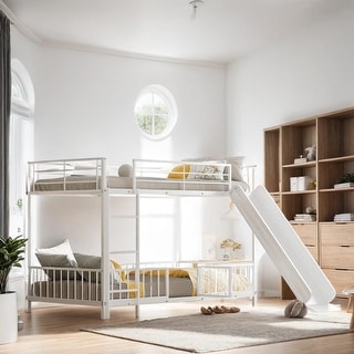 Twin over Twin Size Metal Bunk Bed with Slide and Guardrails, White