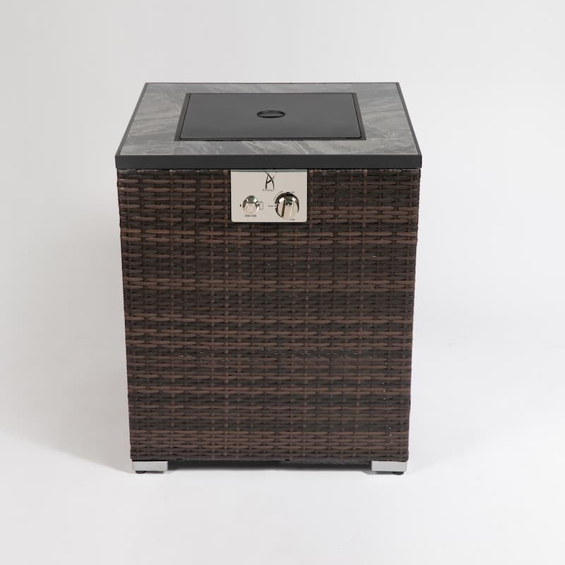 GDFStudio - Emberlyn Outdoor Wicker Fire Pit Column with Glass Wind Guard and Blue Glass Beads 40000 BTU