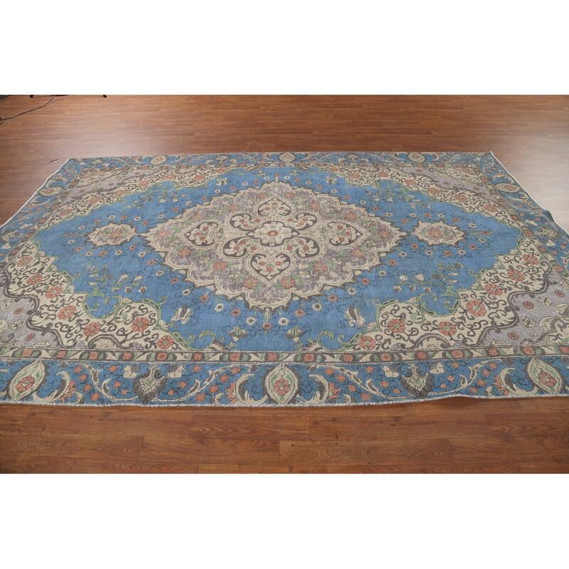 Distressed Blue Tabriz Persian Vintage Rug Hand-Knotted Wool Carpet - 6'10"x 10'8"