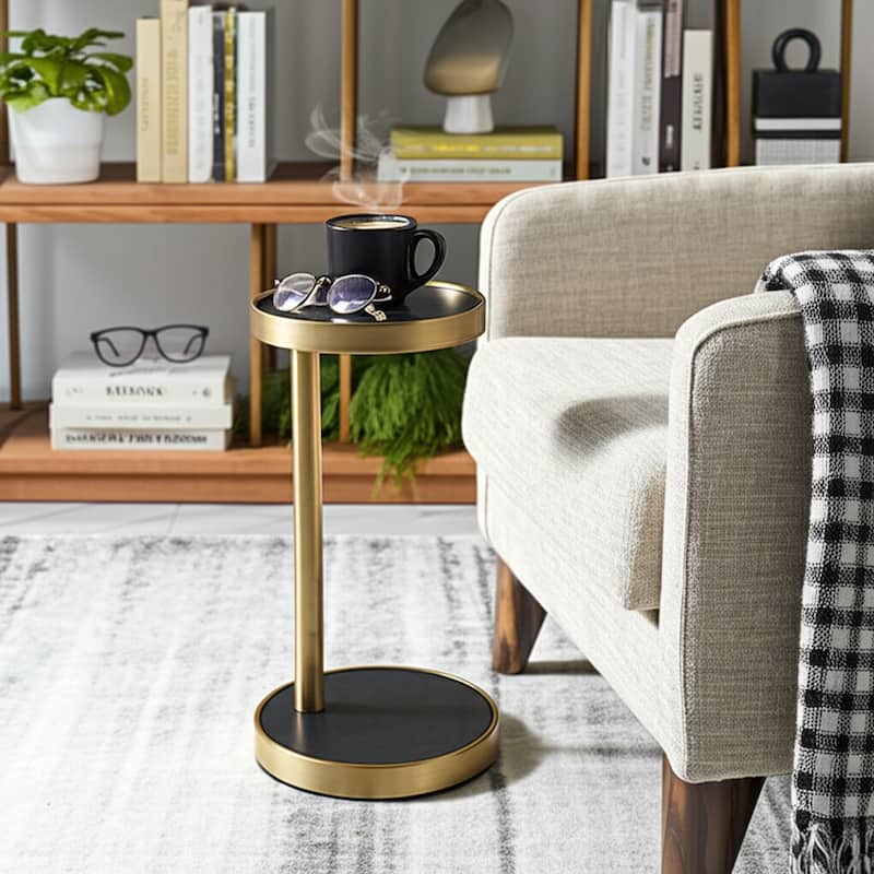 Stone Metal Side Table Modern Round Tray Top Sleek Frame - 23" Black - 23.25" - Marble - 23.25" - Black