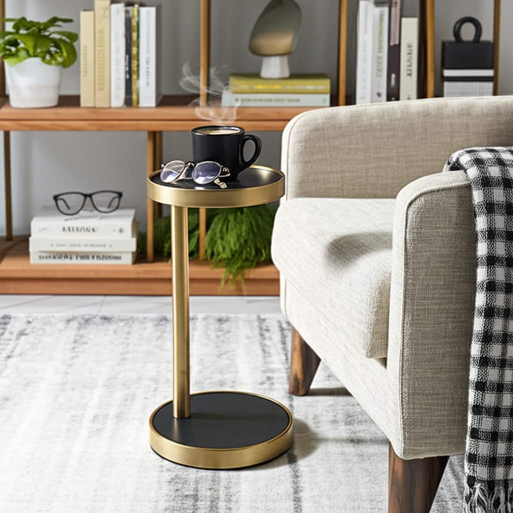 Stone Metal Side Table Modern Round Tray Top Sleek Frame - 23" Black - 23.25"