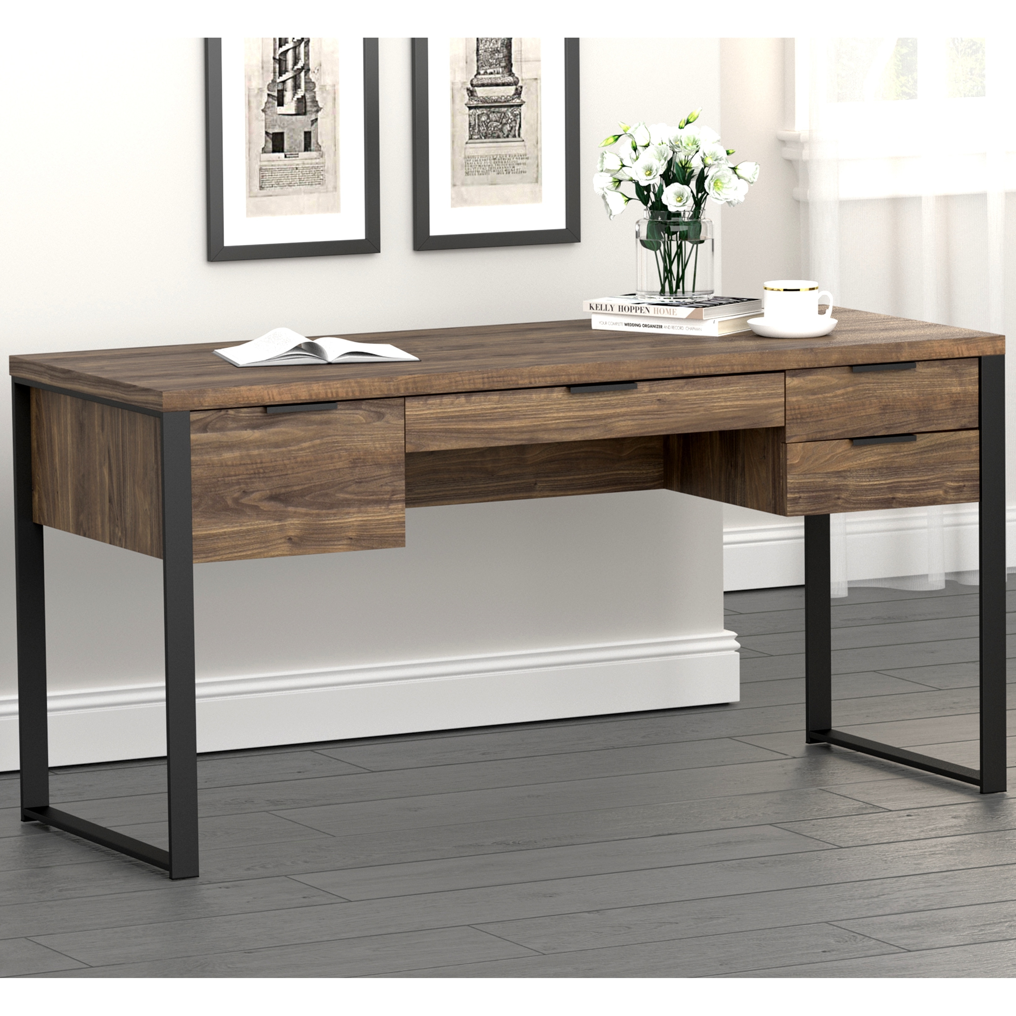 Parker Modern White High Gloss Home Office Computer Writing Desk with Gold Metal Legs Bed Bath