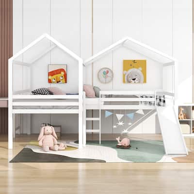 Barnyard Style Full Size Wood Loft House Bed with Roof, Slide and Guardrail