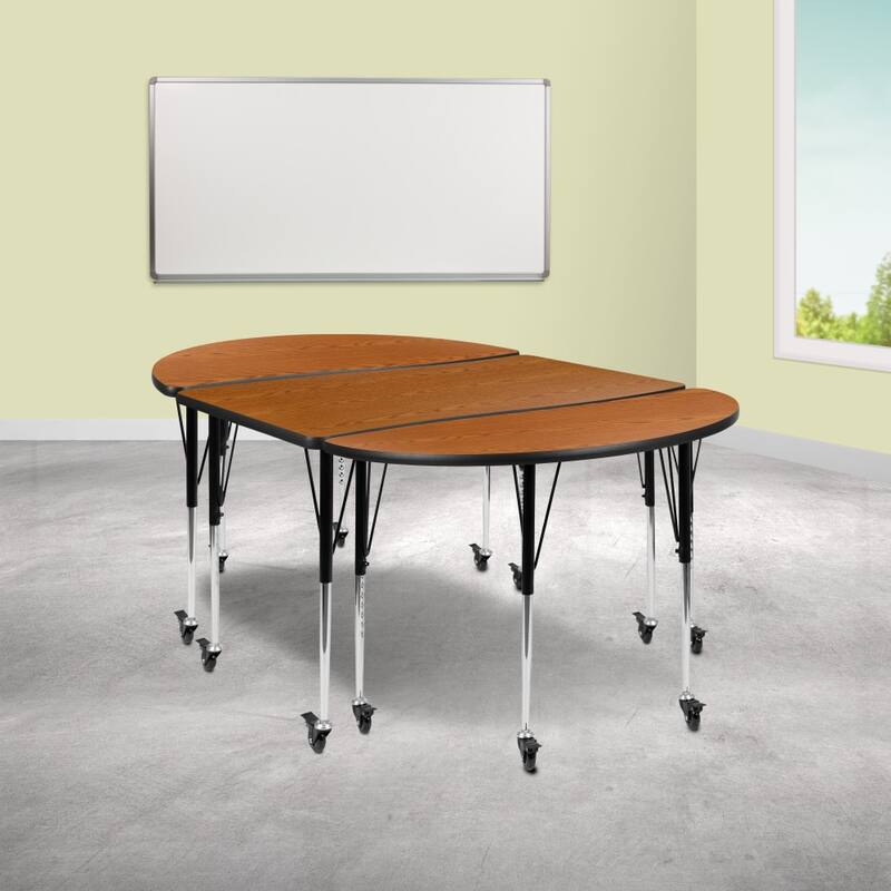 3 Mobile Piece 76" Oval Wave Flexible Grey Adjustable Activity Table Set - Oak