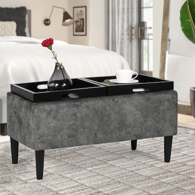 Adeco Storage Ottoman with Tray Lid Upholstered Fabric Rectangle Bench