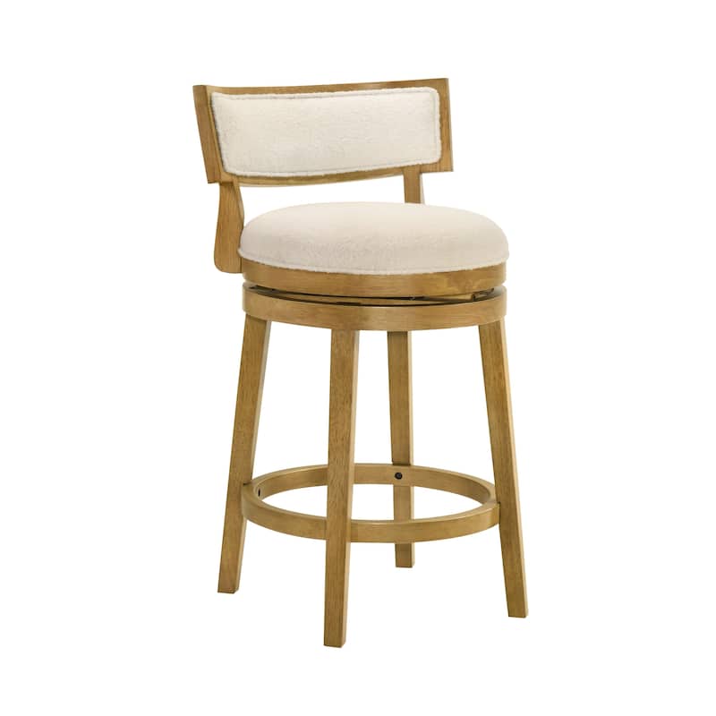 Noely Modern Farmhouse Swivel Wood Counter Height Kitchen Bar Stool with White Boucle Fabric Upholstered Seat