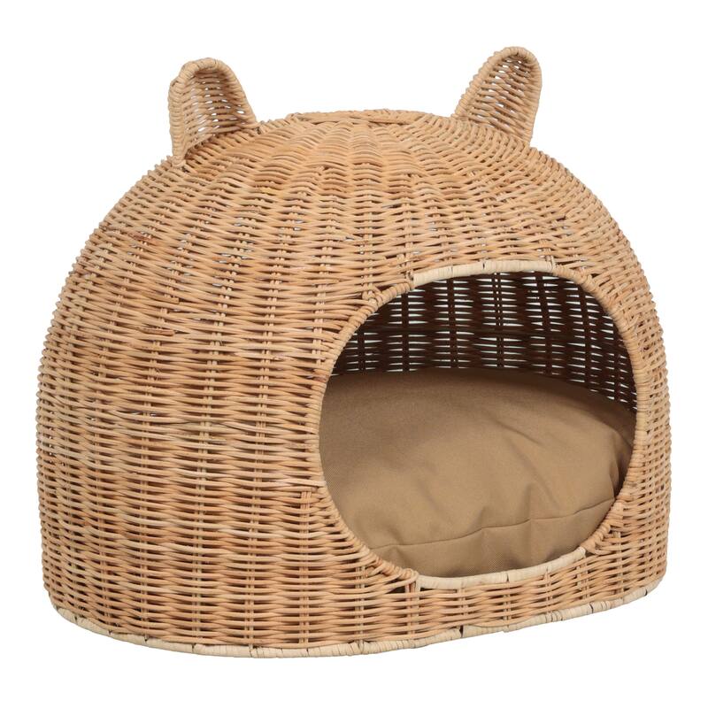 Cat Ear Handwoven Rattan Cat Bed with Machine-Washable Cushion