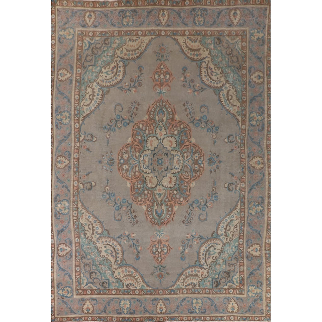 Gray Floral Tabriz Persian Vintage Rug Hand-Knotted Wool Carpet - 9'7" x 13'2"