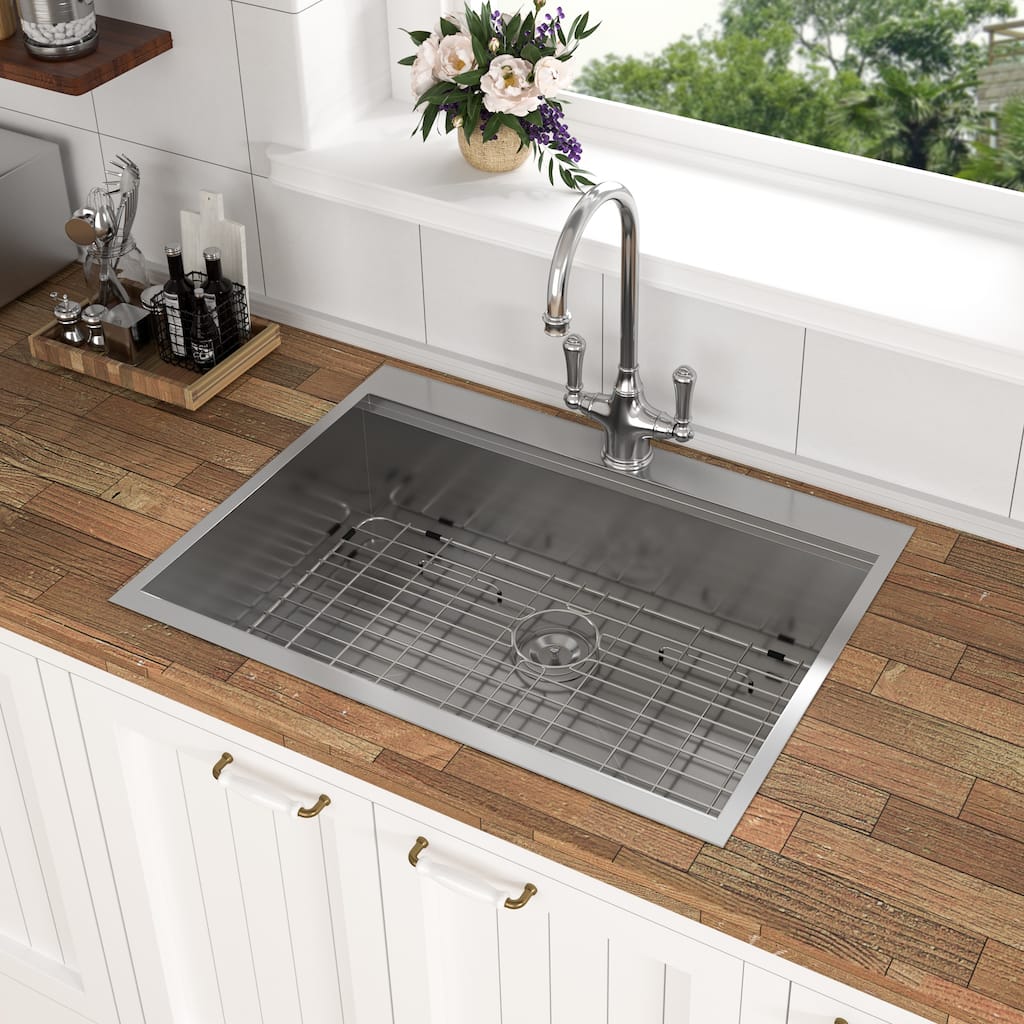 30'' Drop-In 16 Gauge Single Bowl Stainless Steel Kitchen Sink in Brushed Nickel - 30'' x 22'' x 9''