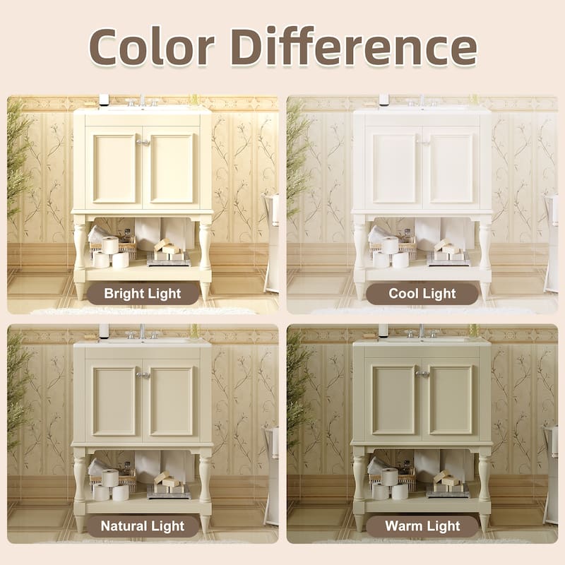 24" Modern Luxury Bathroom Vanity with Ceramic Sink, Compact Cabinet with Open Shelf & Closed Storage