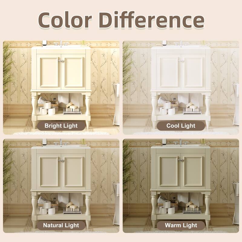 24 inch Modern Luxury Bathroom Vanity with Ceramic Sink, Bathroom Cabinet with Open Shelf and Closed Storage