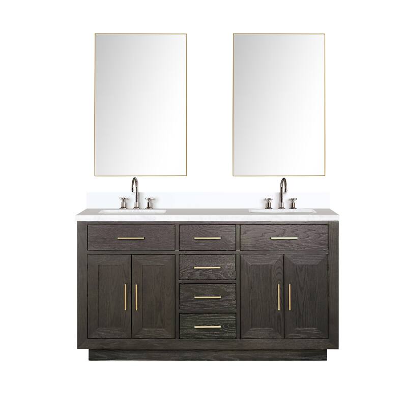 Abbey 60 in W x 22 in D Black Oak Double Bath Vanity, White Quartz Top, Faucet Set, and 28 in Mirrors - 60 - Brown Oak