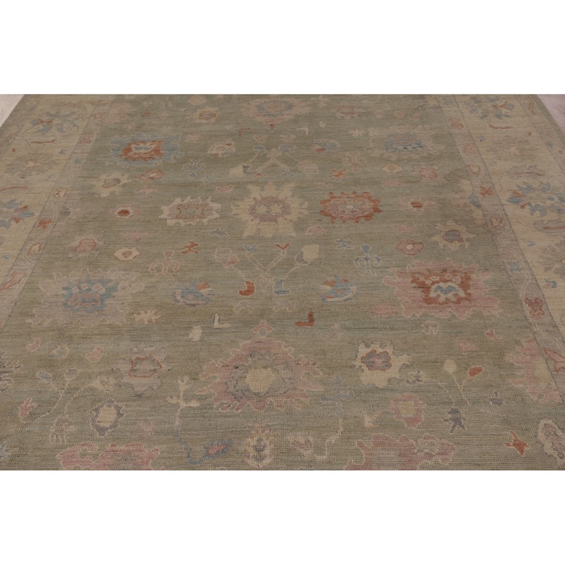Green Floral Oushak Vegetable Dye Area Rug Handmade Wool Carpet - 8'2" x 9'9"