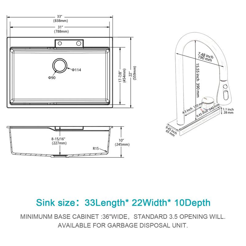 33" Single Bowl Drop In Waterfall Kitchen Sink with Pull-Out Faucet