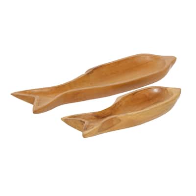 Teak Wood Fish Handmade Living Room Decor Tray - Set of 2 Brown - Roche River Decor